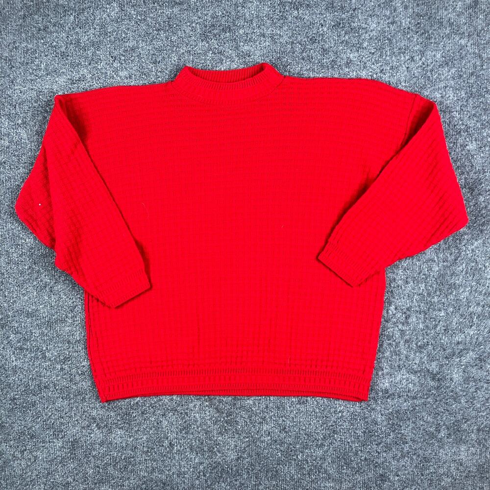 Chunky Knit Sweater Womens Size L Red Textured Pullover Crew Neck Cozy Retro